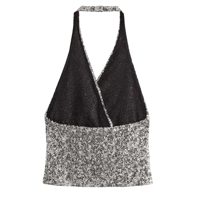 TRAF Halter Sequin Crop Top Women Glitter Strapless Tank Tops Woman Luxury Ruched Sleeveless Sexy Top Daring Backless Party Top