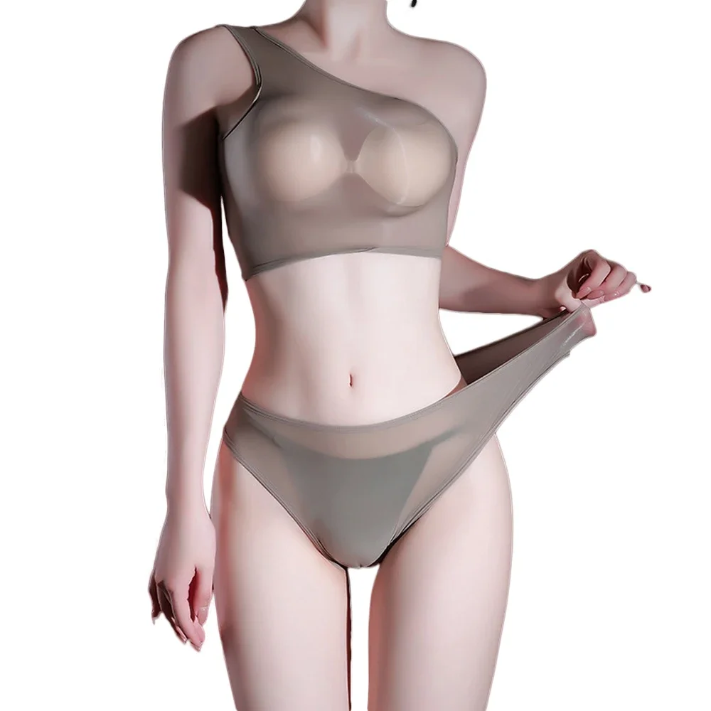 2pcs Women Sexy 5D Thin Smooth Short Vest One Shoulder Tank Tops Sheer See Through Elastic Vest Oil Glossy Shiny Top With Briefs