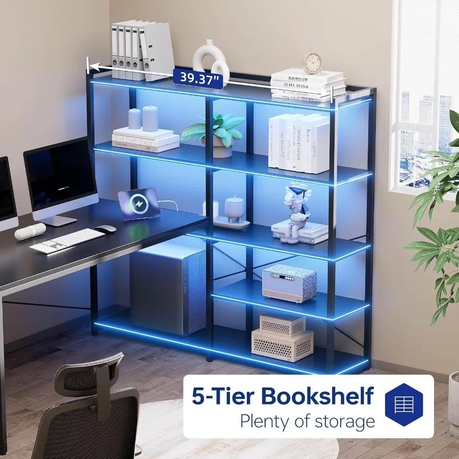 مكتب كمبيوتر على شكل حرف L مع أرفف تخزين جانبية قابلة للعكس، مكتب ألعاب مقاس 49 بوصة مع منافذ طاقة وأضواء LED للمكتب المنزلي #4