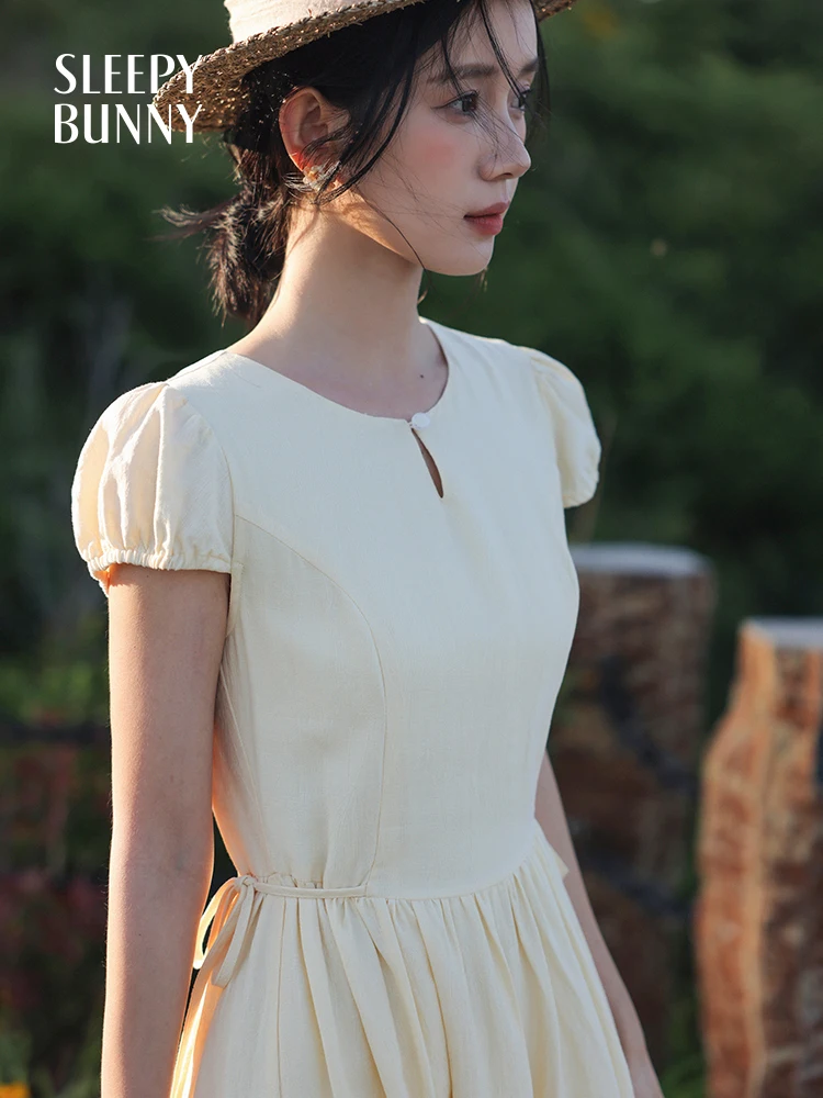 

Elegant Summer French Dress Petite Women Lyocell Puff Sleeve Maxi Sundress Casual Yellow A-Line Long Dress Vacation or Picnic