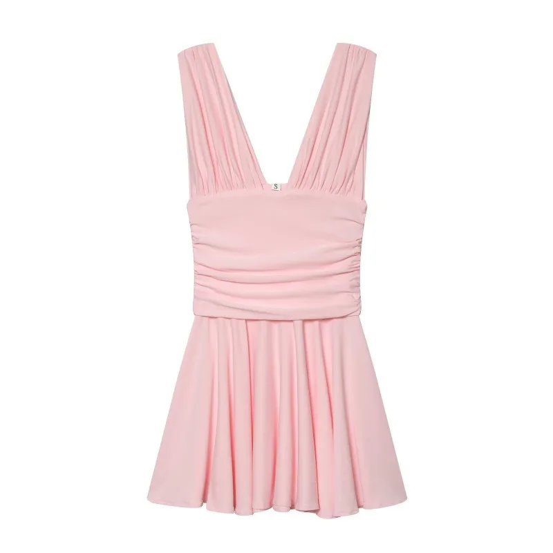 

Withered Sleeveless V-neck Pleated Mini Dress Woman Clothes Dress Elegant Party Dresses Vestidos Women's Dress