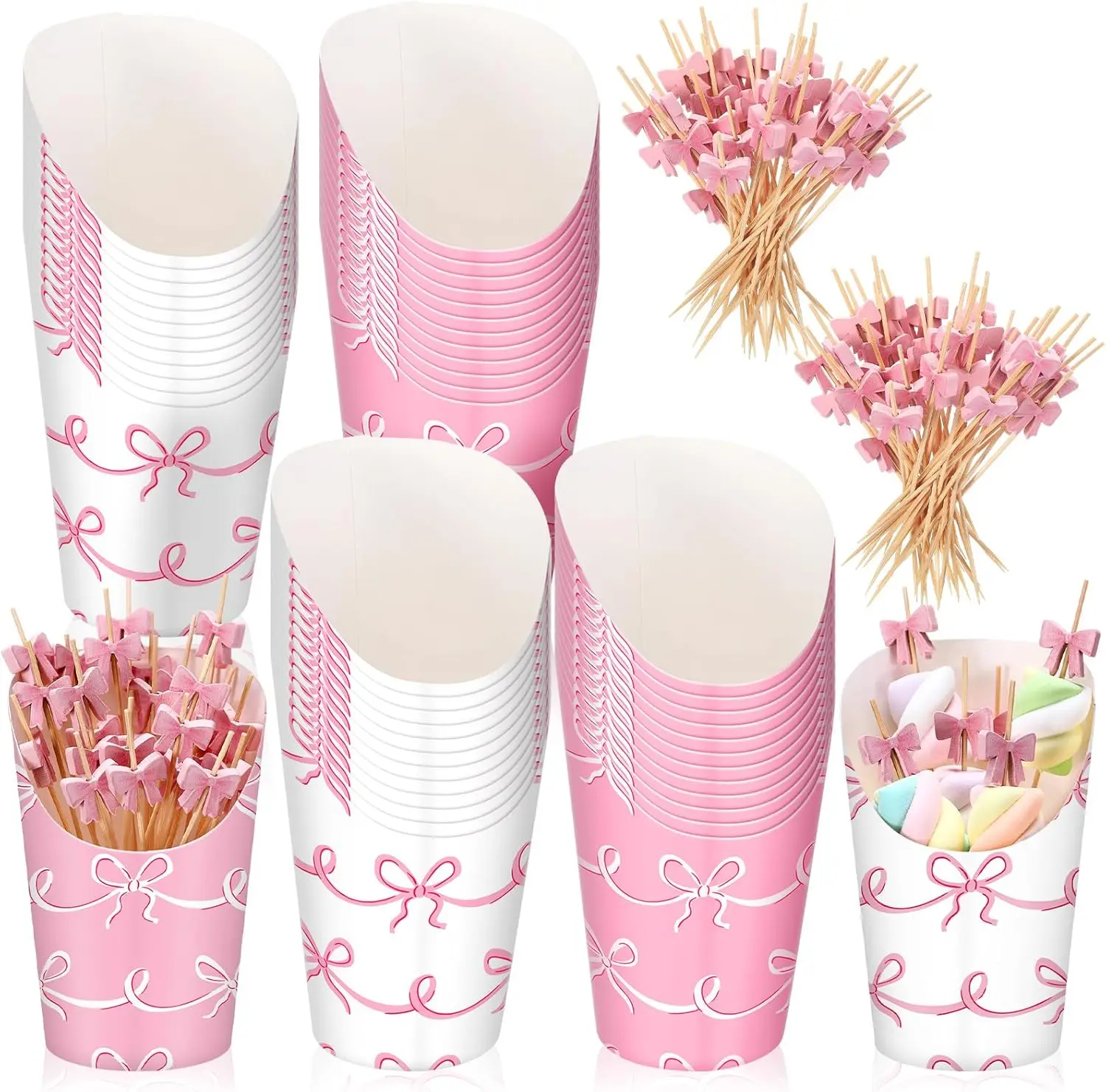 

250 Pcs Pink Bow Charcuterie Cups with Picks Set 50 Pcs 16oz French Fries Cups 200 Cocktail Picks Disposable Snack Conta
