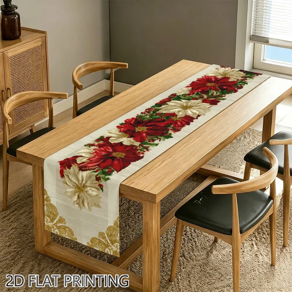 Linen Table Runner Christmas Winter Scene Santa Snowman Snowy Pine est Cabin Off White Tablecloth Holiday Gathering