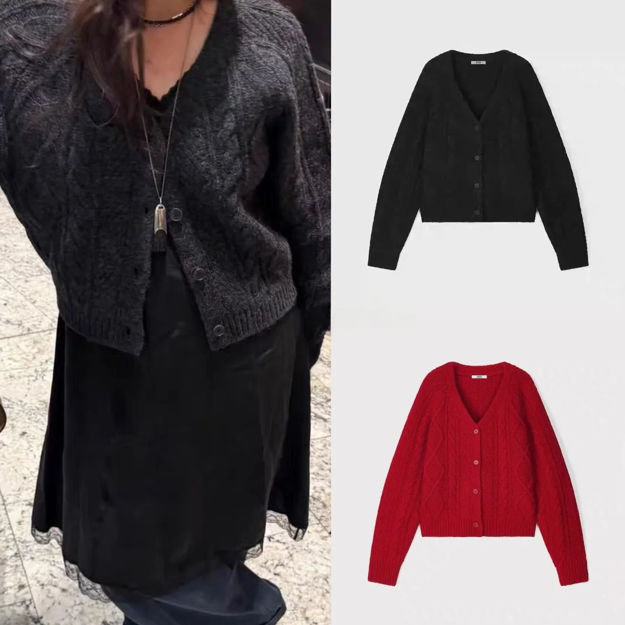 

Вязаный шерстяной свитер Ethos с винтажным узором, глубоким V-образным вырезом, женская верхняя одежда, теплый кардиган с длинными рукавами