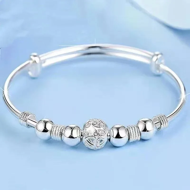 Women 999 Sterling Silver Adjustable Slide Bangle Hollow Lantern Transfer‑Ball Bead Free Custom Engraving Fine Silver Bracelet