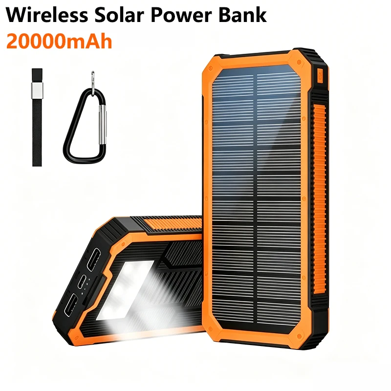 Waterproof Solar Power Bank 20000mAh Wireless Charging Type C Portable Charger External Battery Powerbank for Outdoor Camping