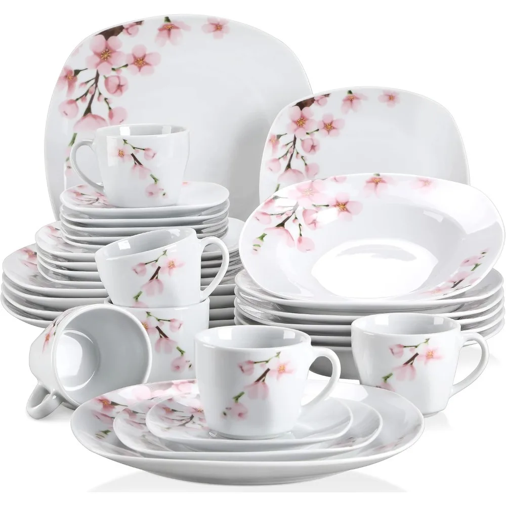 

Plate Sets,A set of white ceramic tableware with pink flowers, for 6 people, including plates, dessert plates,Plate Sets.