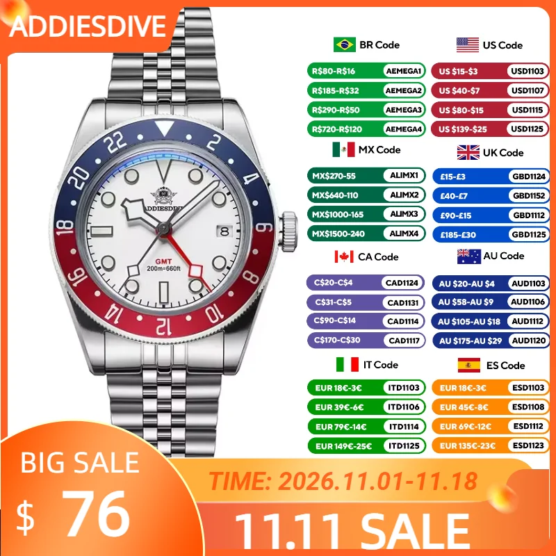 ADDIESDIVE Hot Sale GMT Movement Quartz Watch Stainless Steel Super Luminous 200M Diver Watches For Men AD2044 Relogio Masculino