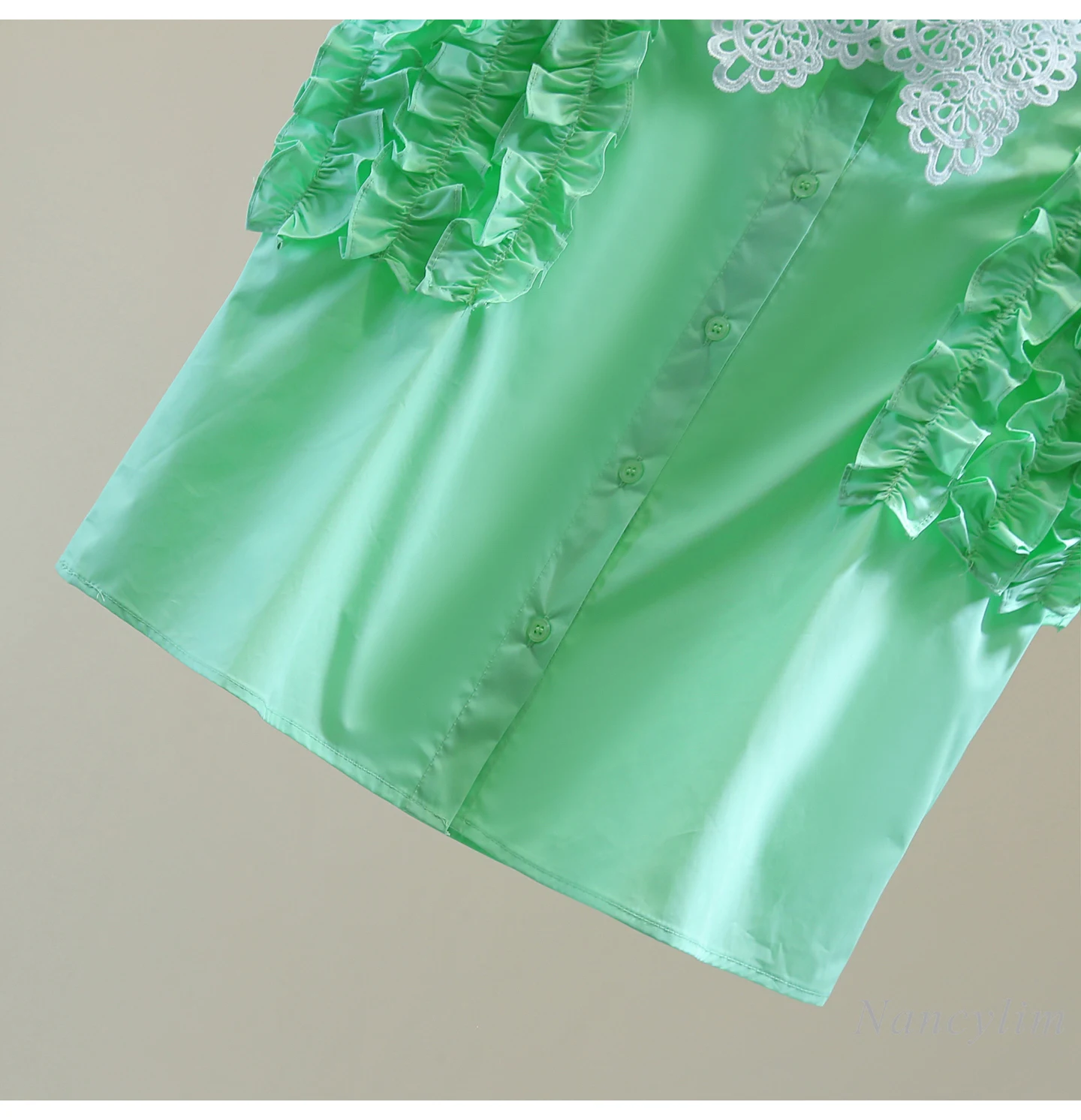 Lace Splicing Sleeveless Shirt, Fresh Green Blouse for Women, 2025 Summer High-waisted Short Fungus Edge Straight Blusas Femme