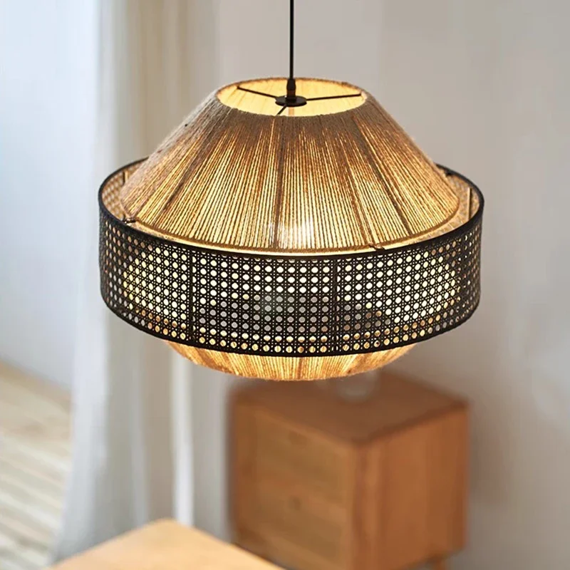 Japanese Style Lantern Chandelier Retro Rattan Pendant Light for Living Room Bedroom Restaurant Hemp Rope Rattan Woven lamp