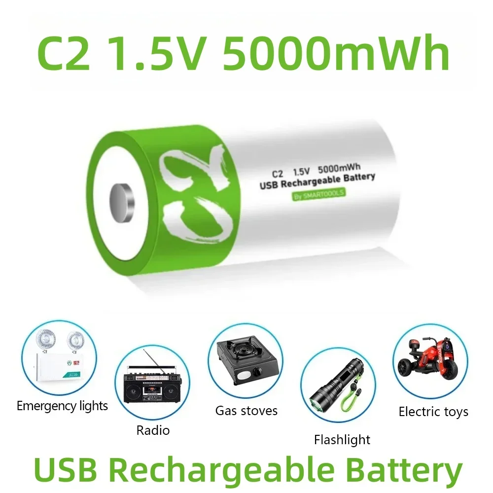 1.5V 5000mWh C Size Li-po Rechargeable Battery Type-C USB Fast Charging for Flashlight/Gas Cooker/Torch LR14 Equivalent Lasting