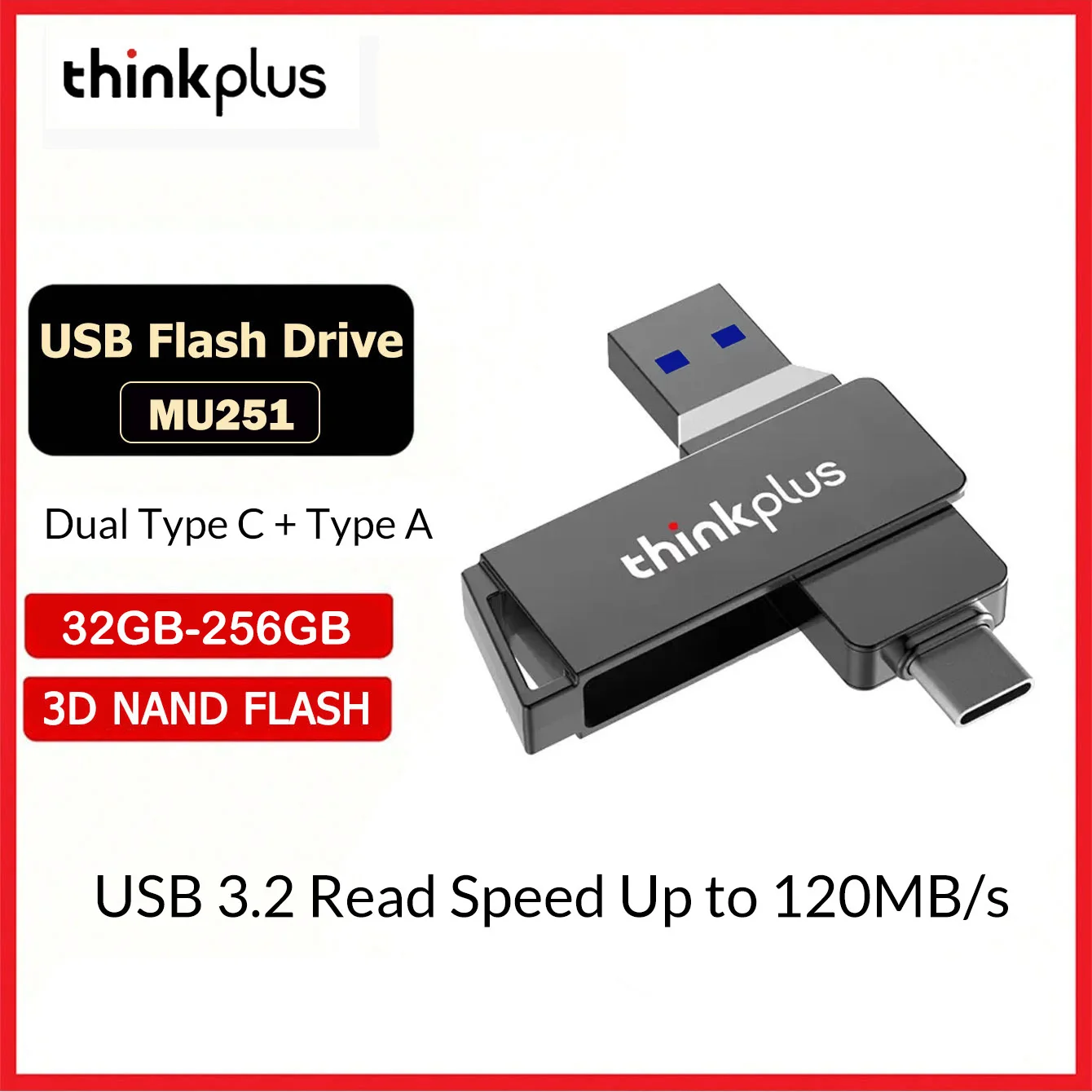 

Lenovo Thinkplus USB 3.2 Flash Drive MU251 32GB 64GB 128GB 256GB Type C Type A Dual Plug U Disk Rotatable USB Stick for Phone