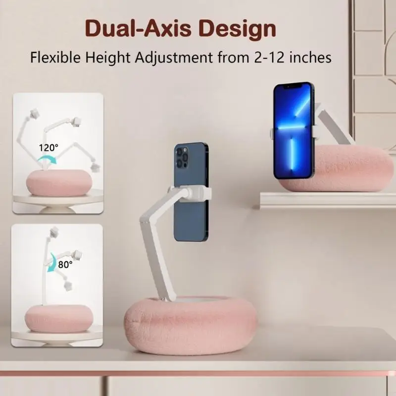 

Portable Bedside Phone Mount Plush Pillow Holder 2-12Inch Height Adjustment Double Rotating Arms Design For Home Office 896C