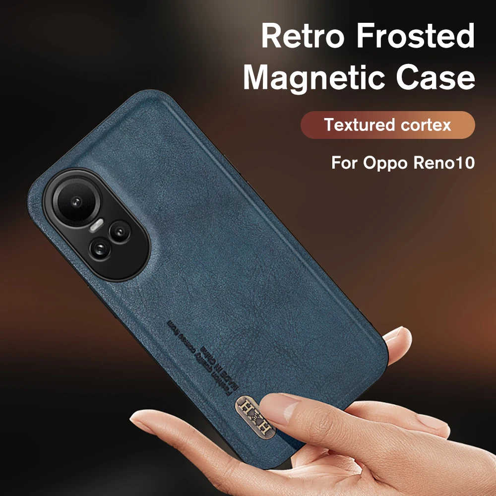 For Oppo Reno10 Pro Case Retro Frosted Leather Car Magnetic Cover Appo Reno 10 Pro+ Reno10Pro 10Pro Plus 5G Camera Protect Funda