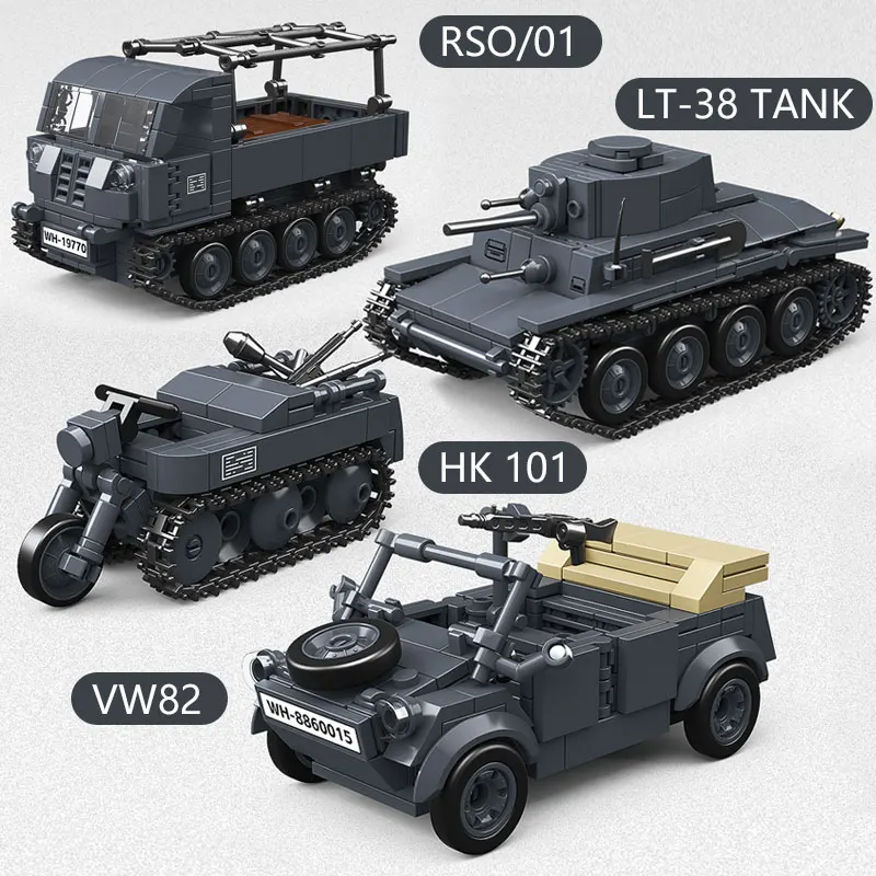 

World War II German classic armored vehicle building blocks, tank motorcycle military puzzle assembly toys, boys DIY by hand