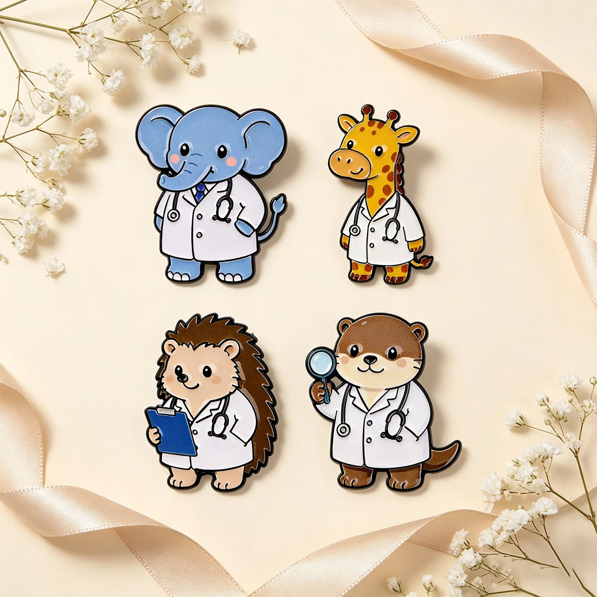 4pcs/Set Cartoon Animal Doctor Enamel Pin Cute Elephant Giraffe Otter Brooch Lapel For Backpack Hat Badges Jewelry Nurse Gifts