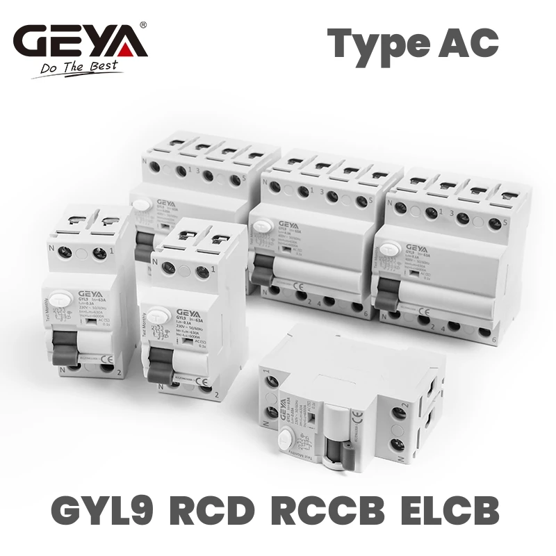 GEYA GYL9 AC Residual Current Circuit Breaker Differential Breaker Safety Switch 4P 25A 40A 63A 100A ELCB 30mA 100mA 300mA