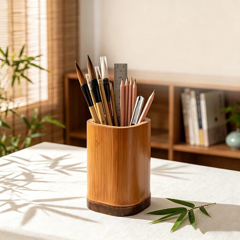 Natural Bamboo Pen Holder Square Ink Pen Storage Case Desk Writing Stationary Organizer Office School Supplies Gift