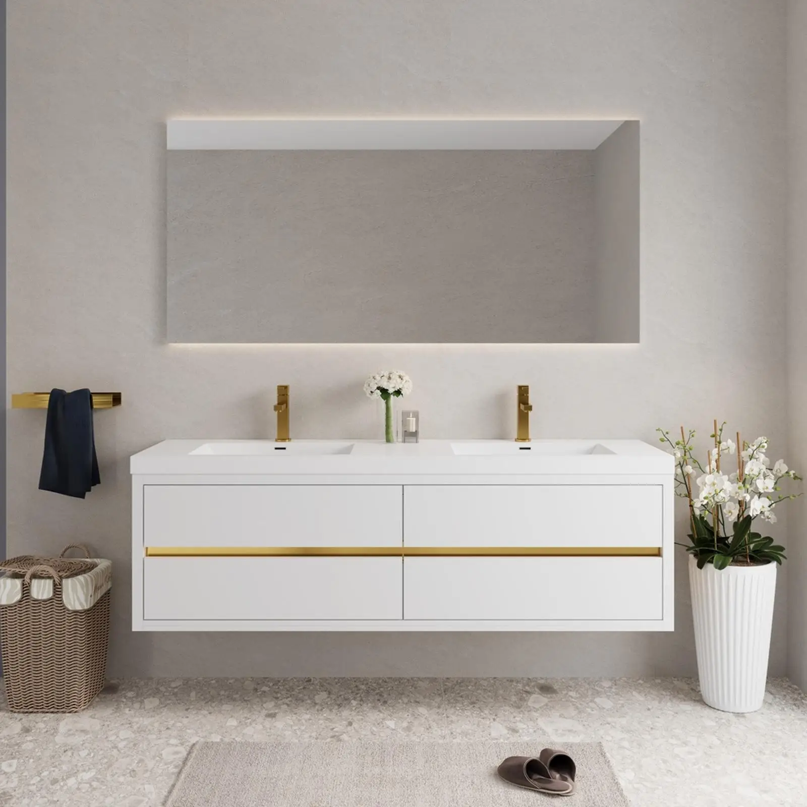 

Glossy White Wall Mounted Bathroom Vanity 72 Inch Double Sink Soft Close Drawers with Stone Resin Countertop for Home Decor