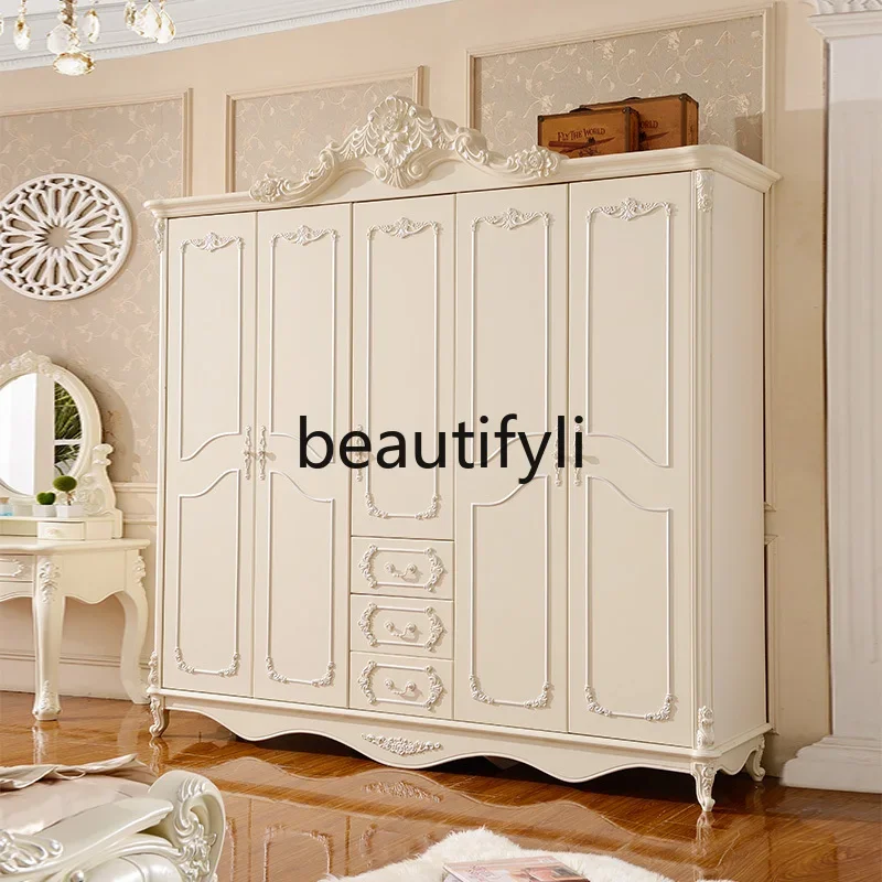 European wardrobe bedroom modern simple storage white large wardrobe solid wood cabinet