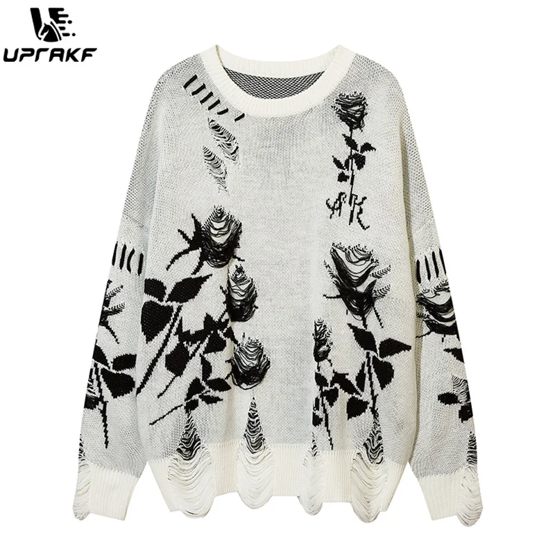 UPRAKF Ripped Vintage Flower Sweater Autumn Winter Fashion Streetwear Pullover Casual Long Sleeve Loose Knitted Jumper