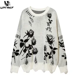 UPRAKF Ripped Vintage Flower Sweater Autumn Winter Fashion Streetwear Pullover Casual Long Sleeve Loose Knitted Jumper