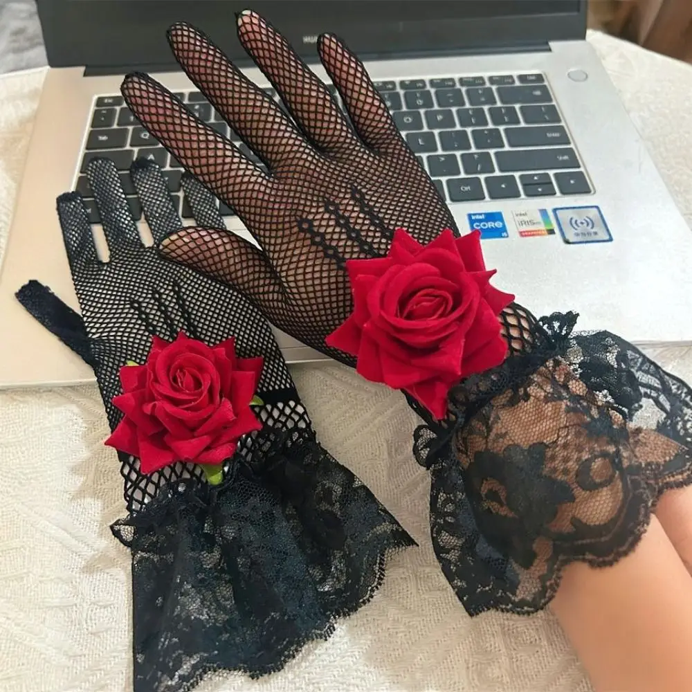 Unique Rose Flower Fishnet Gloves Hollow Out Breathable Lace Gloves Punk Thin Mesh Mittens Party
