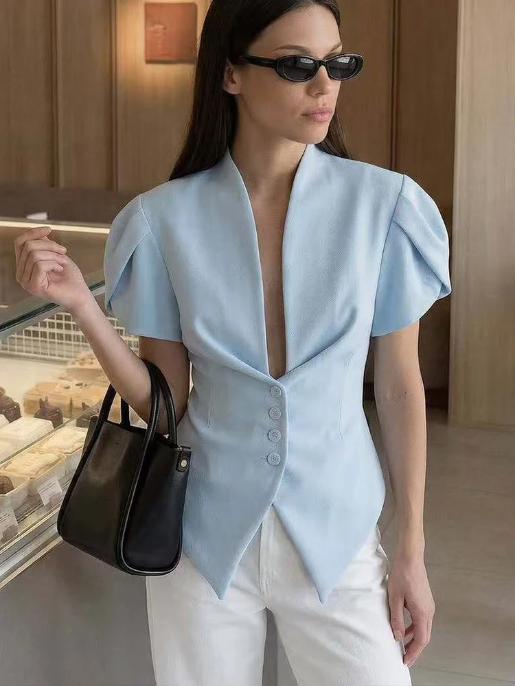 TFMLN Summer Women Short Puff Sleeve Coats V Collar Single Breasted Slim Fit Jacket Lady Chic Solid Party Bow Streetwear - view 3