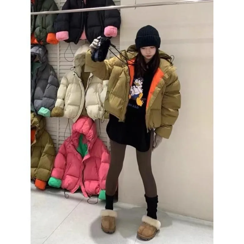 Luxury Women's Contrasting Colours Down Jacket New Style Short Style Hooded Loose Thicken Casual Candy Colours Bread Jacket