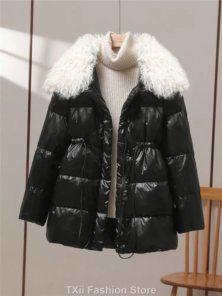 Winter Women Faux Lamb Wool Collar Lapel Drawstring Coat Lady Casual White Duck Down Coat Midi Puffer Parka Outwear