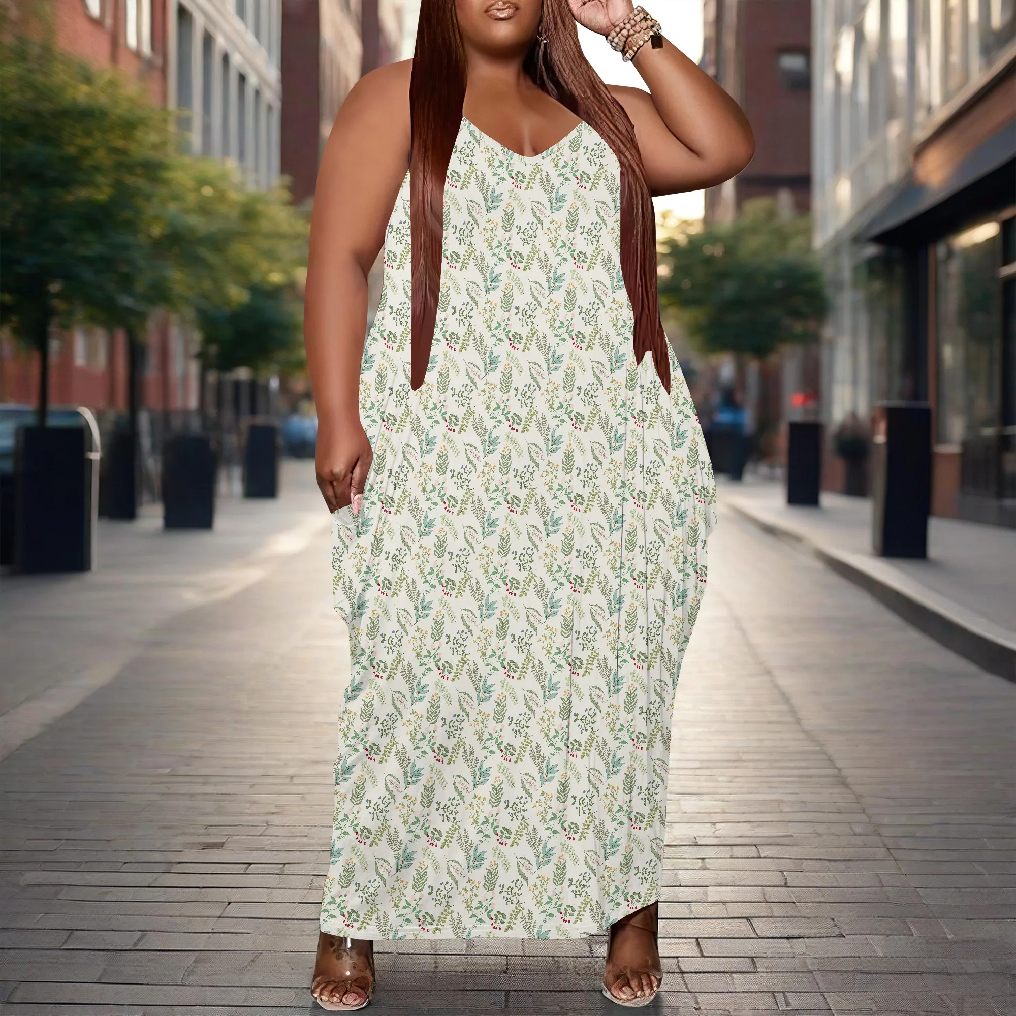 Women's Plus Size Dress Floral Print Loose Halter Maxi Dress with Pocket Stretchy Casual XL-6XL