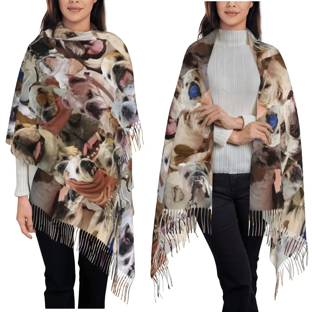 

Mochi The English Bulldog Collage Scarf Tassel Scarves Women Soft Warm Shawls and Wraps Long Fall Winter Shawl Wrap
