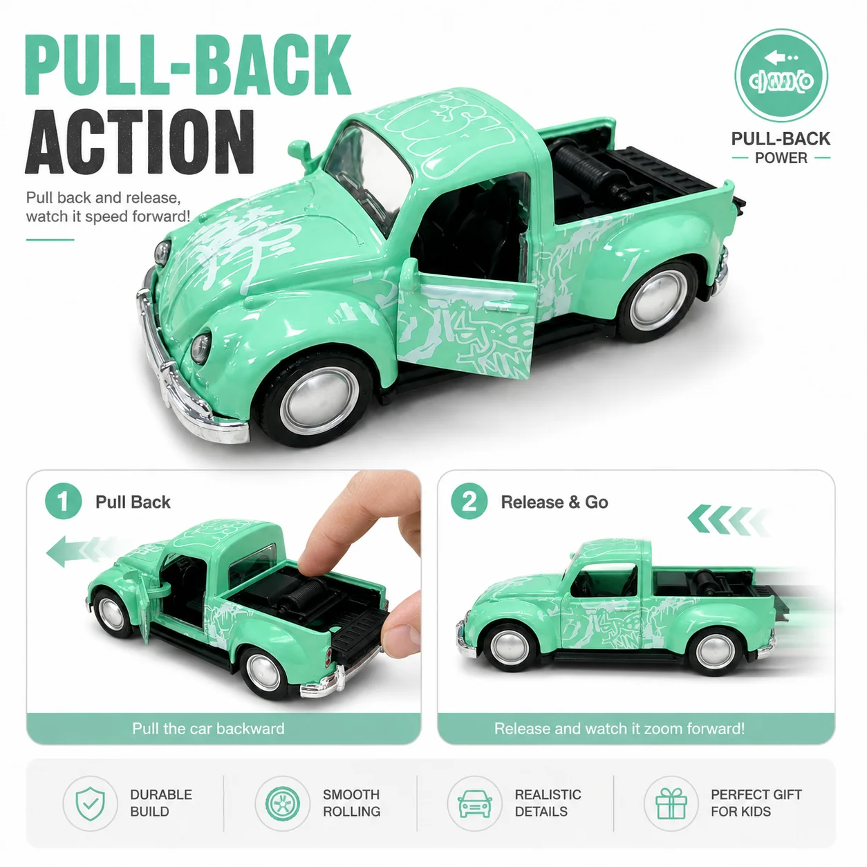 (Corrugated Box) 1/43 Scale, Bug-Shaped Retro Pickup Style Toy Car, Powerful Spring, Metal Casting, the Best Gift.