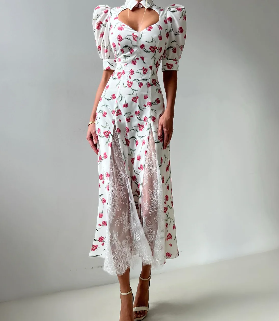 Elegantes Spitzenkleid mit Print, Damenkleid mit Aussparungen, Kurzarm, schmal geschnitten, hohe Taille, für Büro und Party, langes Damenkleid