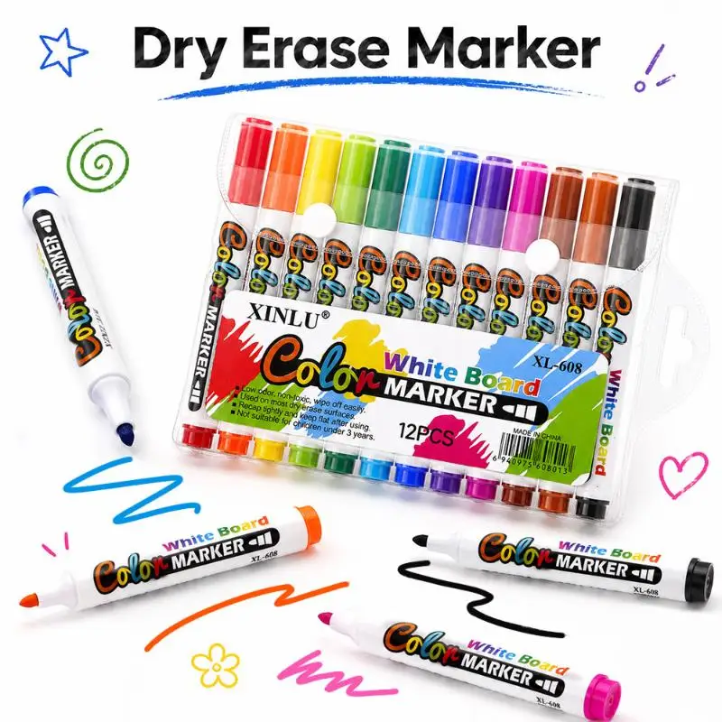 12 Color Whiteboard Markers Pen Fine Tip Dry Erase Marker Pen for Kids Graffiti Writing Drawing Office School Calendar Boards