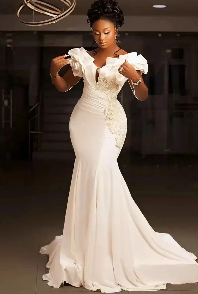 Luxury Pearl Elegant mermaid pleated wedding dress Sexy V-neck cinched back train Garden Bridal dress Vestido De Noiva 2025