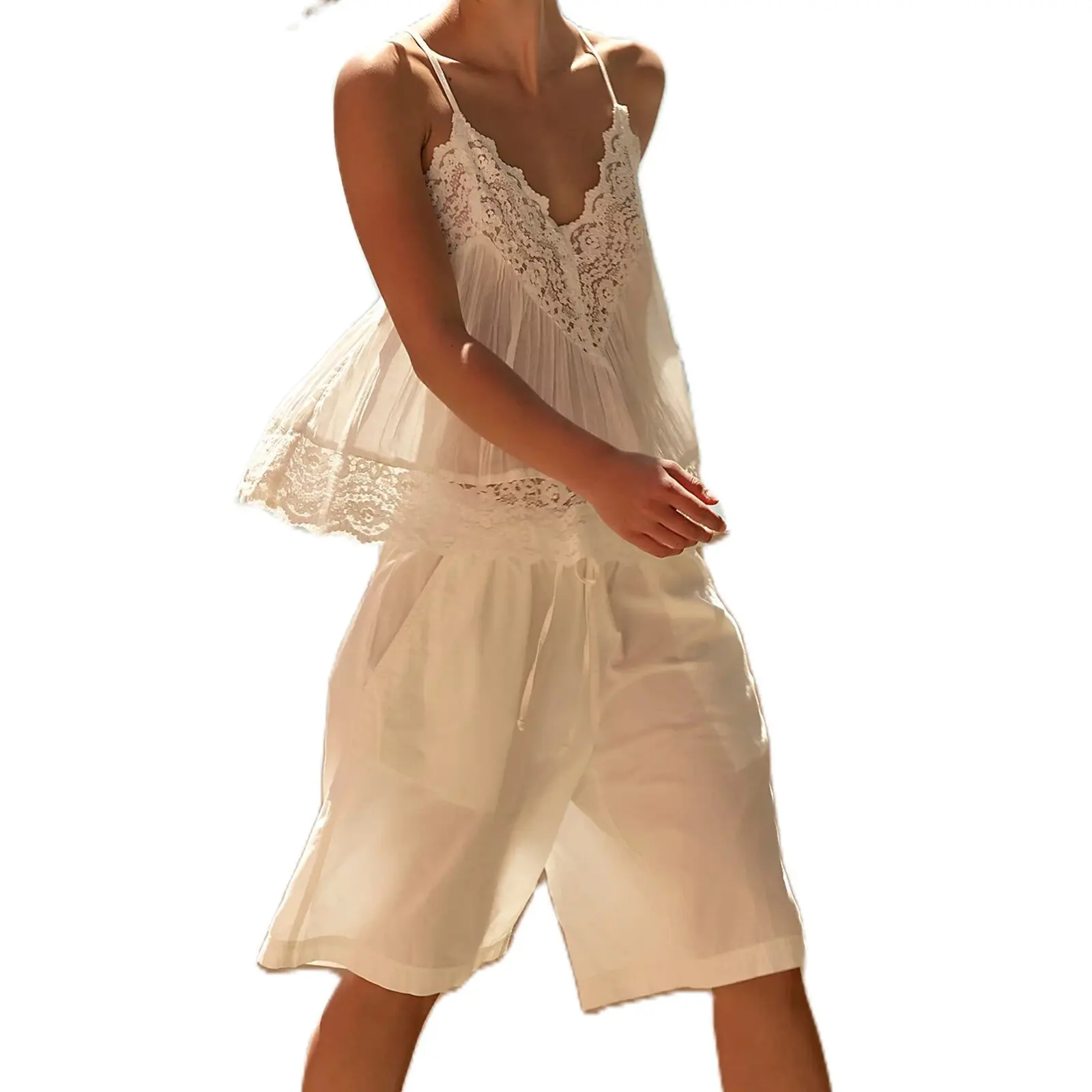 2026 New Women's Lace Trim Ruffle Hem Cami Top V Neck Backless Spaghetti Strap Floral Lace Patchwork Babydoll Tank Top