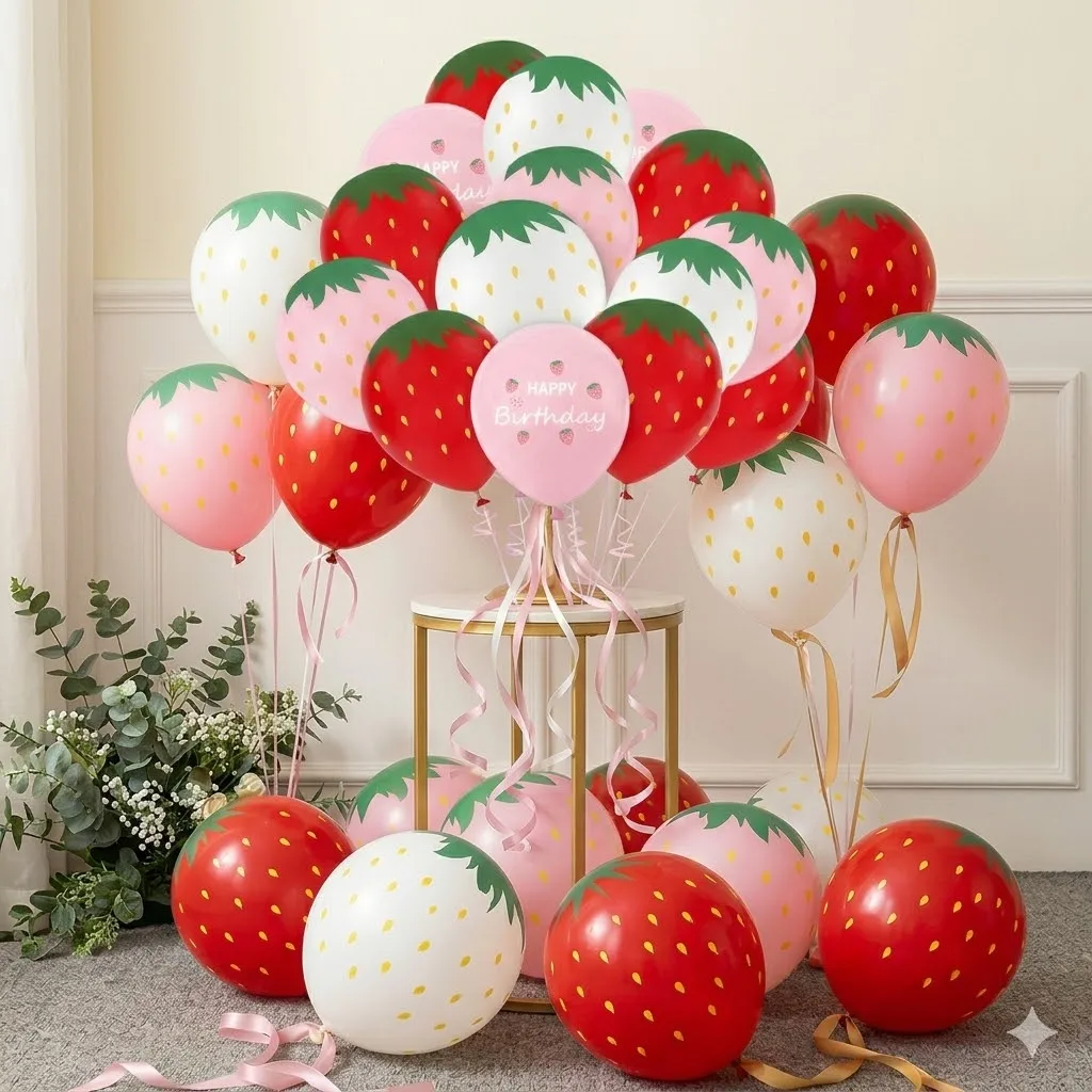 Sommerliche Erdbeer-Latexballons Süße Erdbeer-Rot-Rosa-Weiße Happy-Birthday-Deko für Mädchen Babyparty-Zubehör – Detail 3