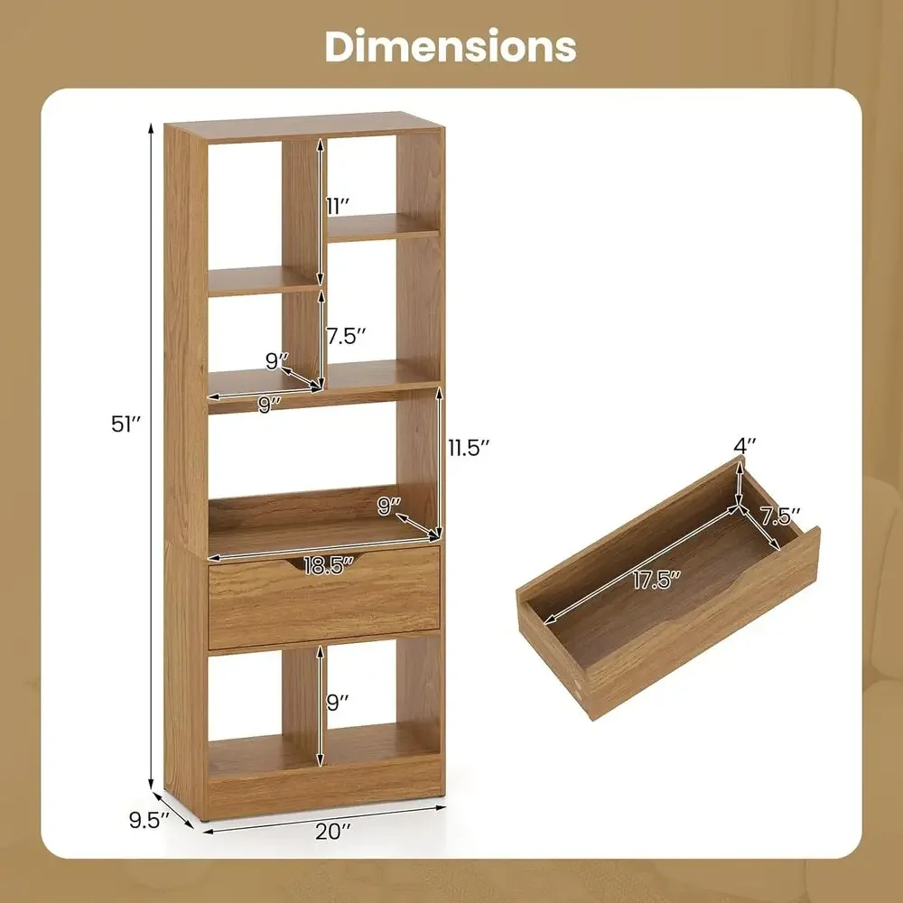 6-Tier Wooden Bookcase with 7 Open Cubes, 51 Tall Storage Organizer for Living Room, Study, Home Office, Natural Finish