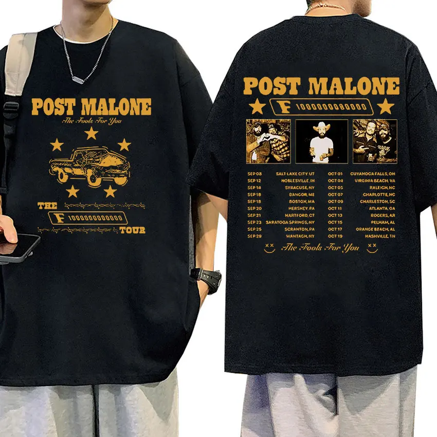 90s Retro P-Posts M-Malones Tour 2024 Album T Shirts Men's Hip Hop Fashion Harajuku Clothing T-shirt 100% Cotton Oversized Tees