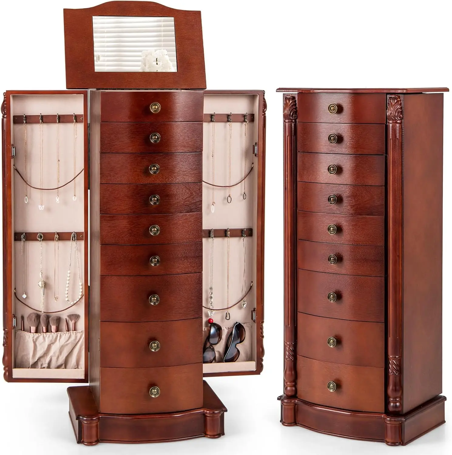 Giantex Large Jewelry Armoire Cabinet With 8 Drawers & 2 Swing Doors 16 Hooks Top Mirror Boxes, Standing Cambered Front Storage