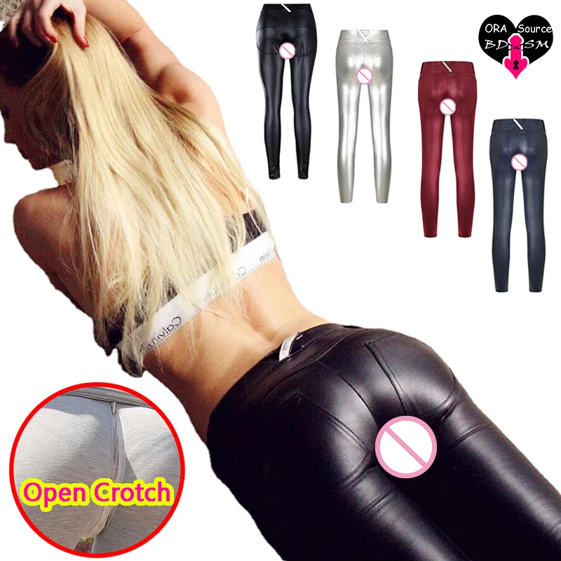 Leggings sexys de cuero con entrepierna abierta para mujer, diseño de cremallera oculta, bragas de realce de glúteos sin entrepierna, pantalones de disfraz de PU para sexo al aire libre