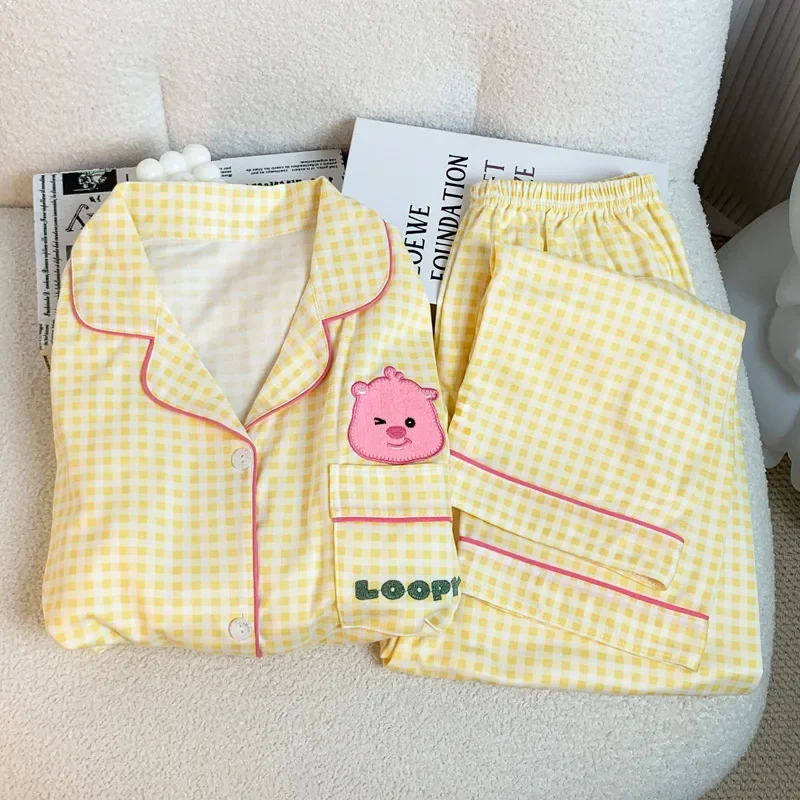 2024 Autumn Girls Sweet Pijama Fashion Women\'s Pajamas Set Cute Cartoon Loopy Plaid Long Sleeved Sleepwear Korean Home Clothes