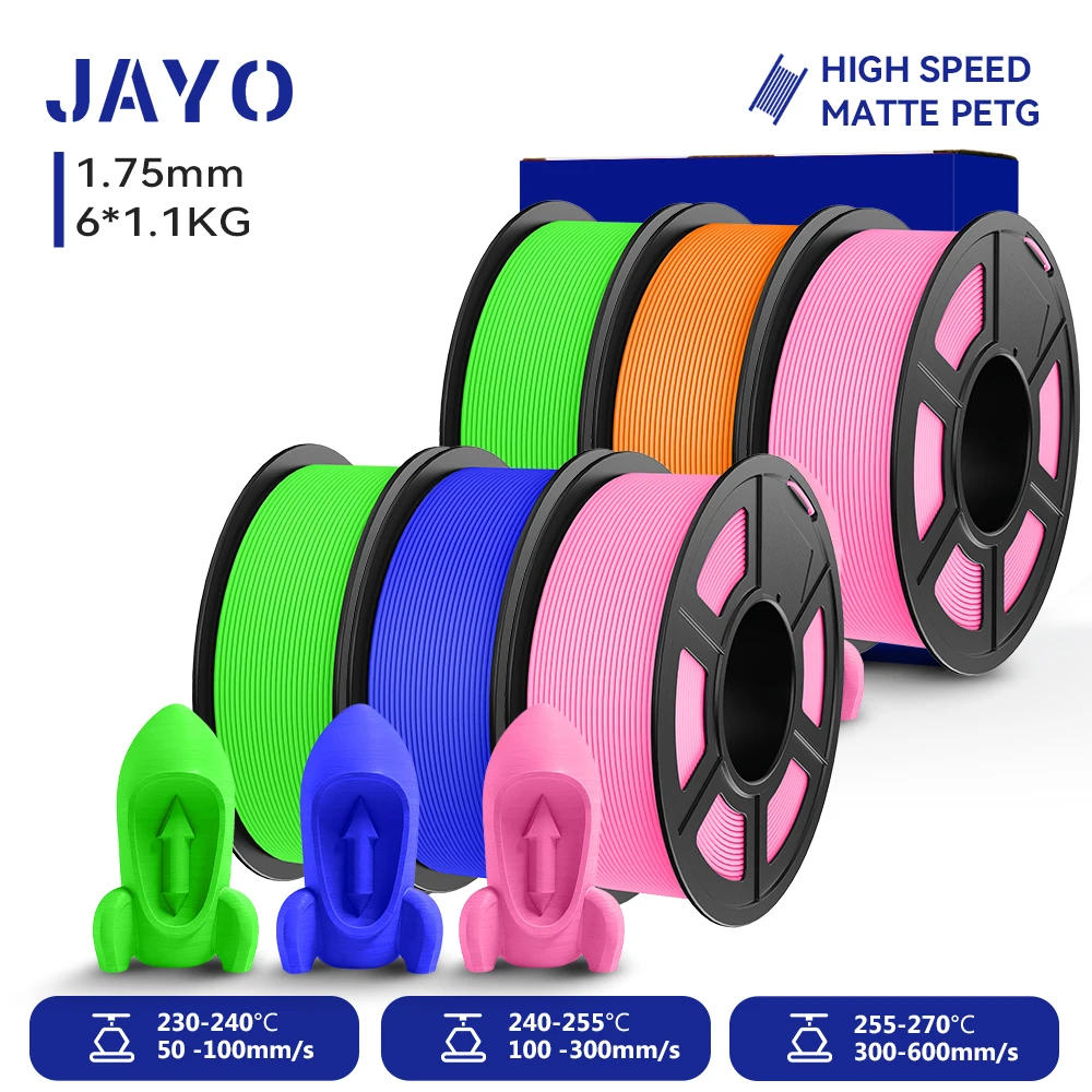 JAYO PETG 3D-Filament 1,75MM Hochgeschwindigkeits-Mattes PETG 3D-Drucker-Filament 6 Rollen High-Flow Speedy Matte Effekt 3D-Druckmaterialien