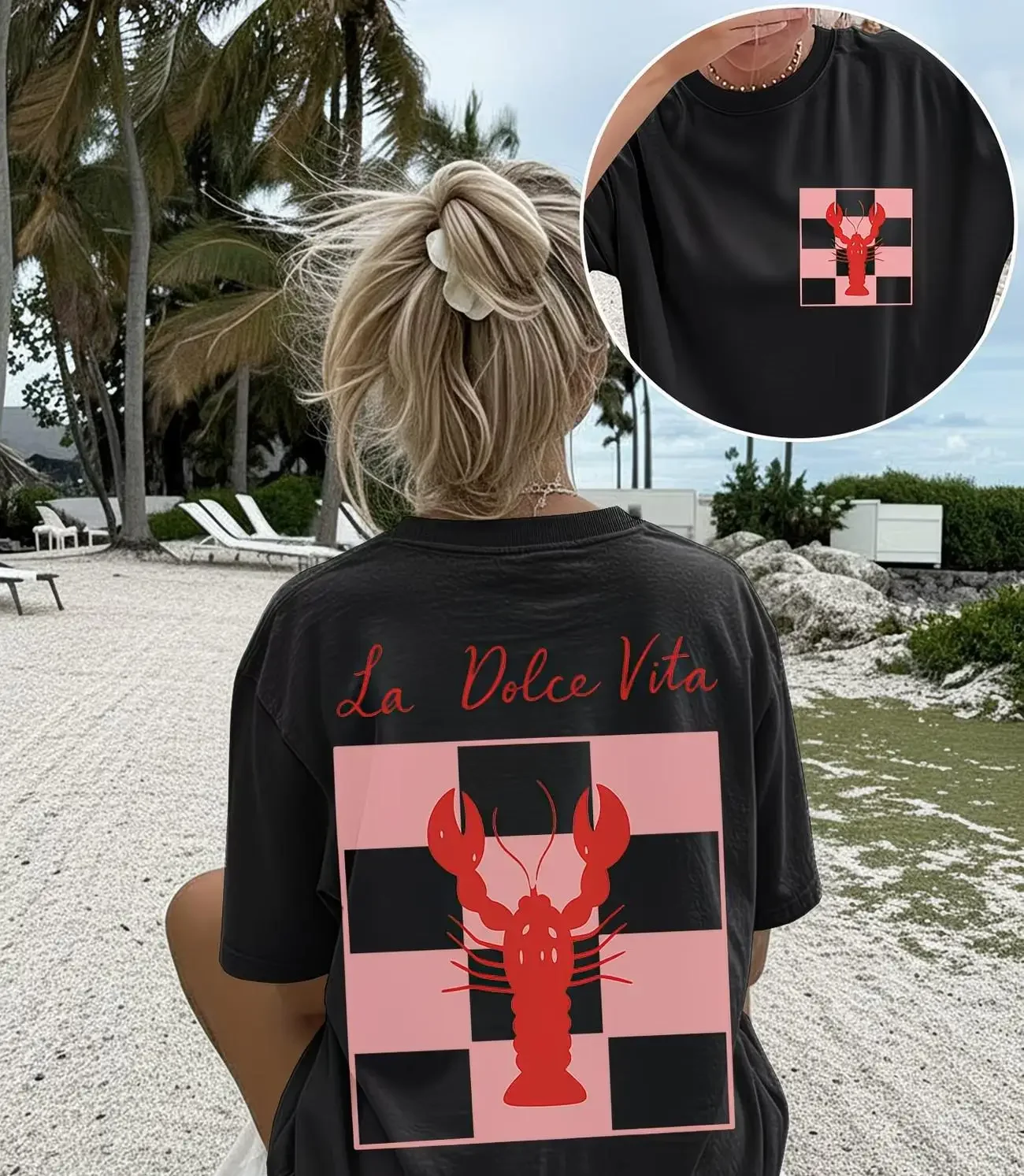 La Dolce Vita Lobster Graphic T Shirt Italian Summer Aesthetic Tops Women Trendy Casual Loose Short Sleeve Holiday Tee