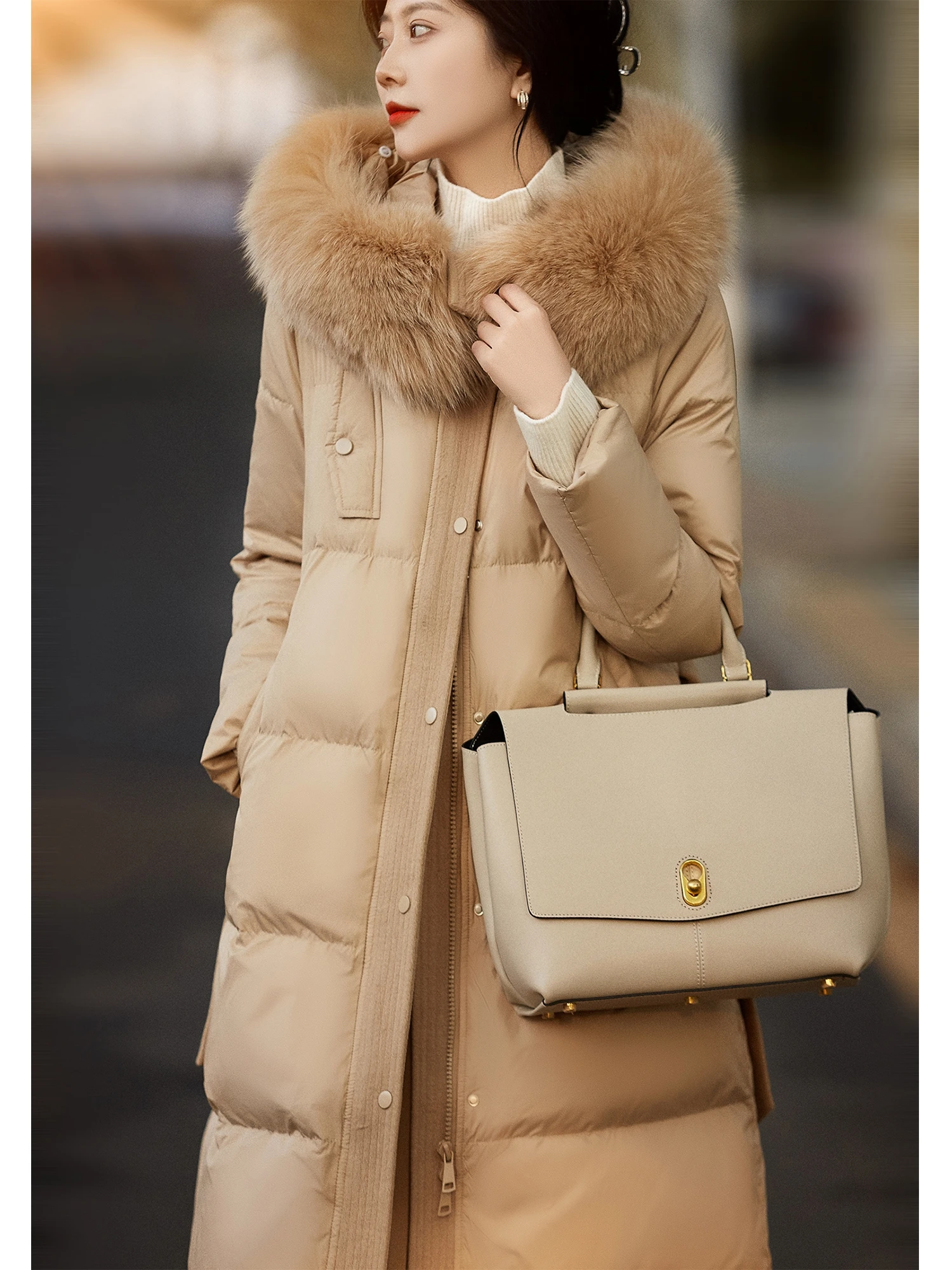 Long Down Jackets for Female, White Duck Down Coats with Belt, Luxury Fox Fur Collars, Hooded Outerwear, High Quality, Winter