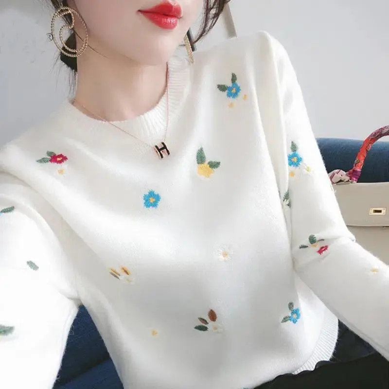 Flower Embroidery Women\'s Clothing Lantern Long Sleeve Round Neck Pullover Sweater Knitted Elegant Autumn Winter Trendy Tops