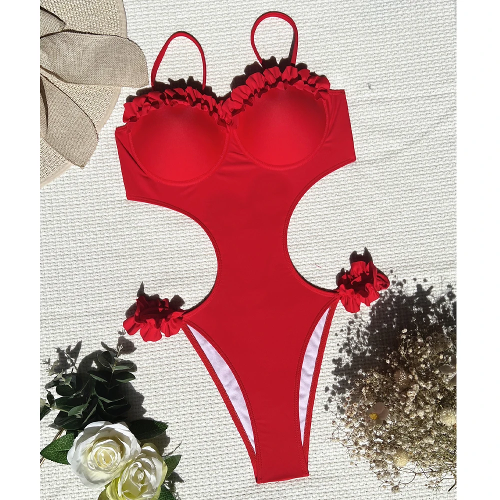 VigoCasey 2024 Solid Swimwear Women Sexy Push Up Ruffle Thong One Piece Swimsuit Monokini Backless Hollow Beach Bathing Suit