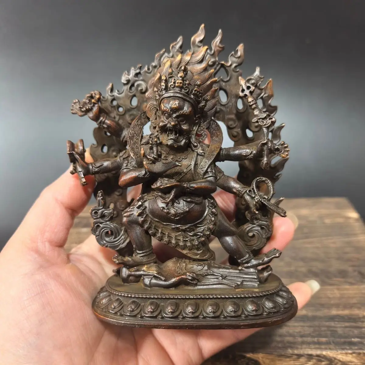 Nepalese craft Tibetan alloy copper six armed Mahagala Great Black Sky God protector deity statue desktop ornament
