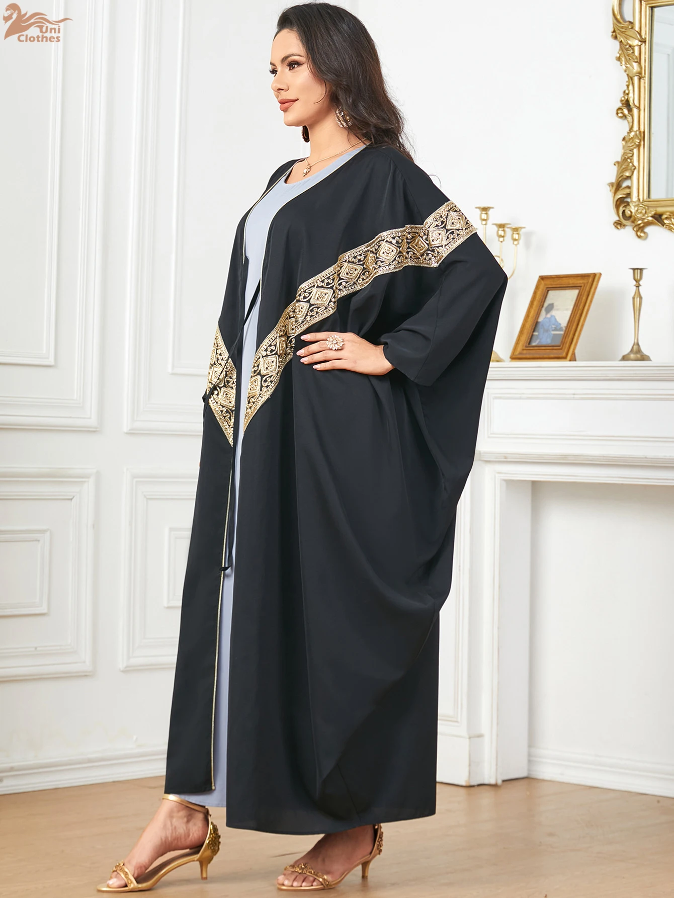 ชุดอาบายะห์หรูหราแบบเปิดสำหรับผู้หญิงมุสลิม ชุดคาฟตันสไตล์โมร็อกโก แขนทรงปีกค้างคาว แฟชั่นทันสมัย สง่างาม ทรงหลวม ชุดราตรียาว